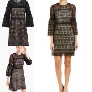 J.crew Bell-sleeve Daisy Lace Dress In Black/nude cream 6